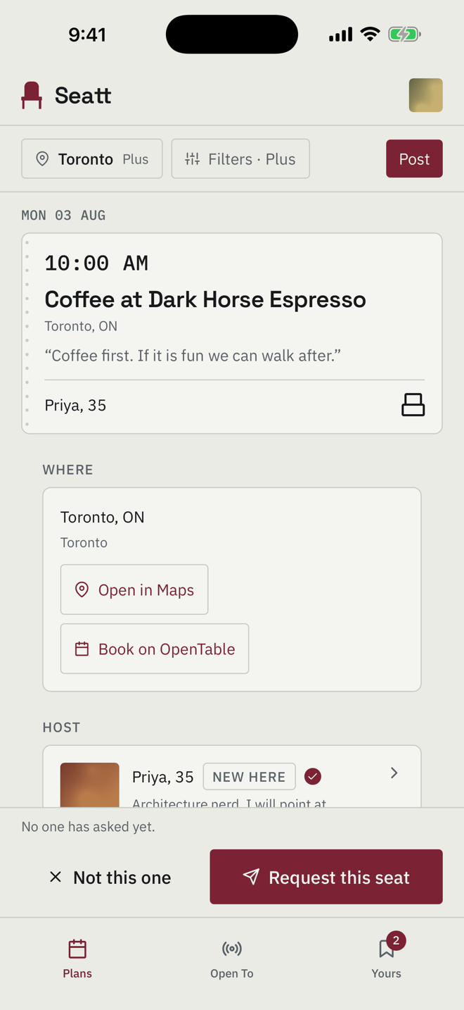 A Seatt plan: coffee at Dark Horse Espresso in Toronto, with a Request this seat button.