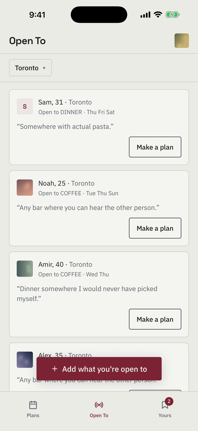 The Open To tab, listing people in Toronto who are open to dinner or coffee on particular days.