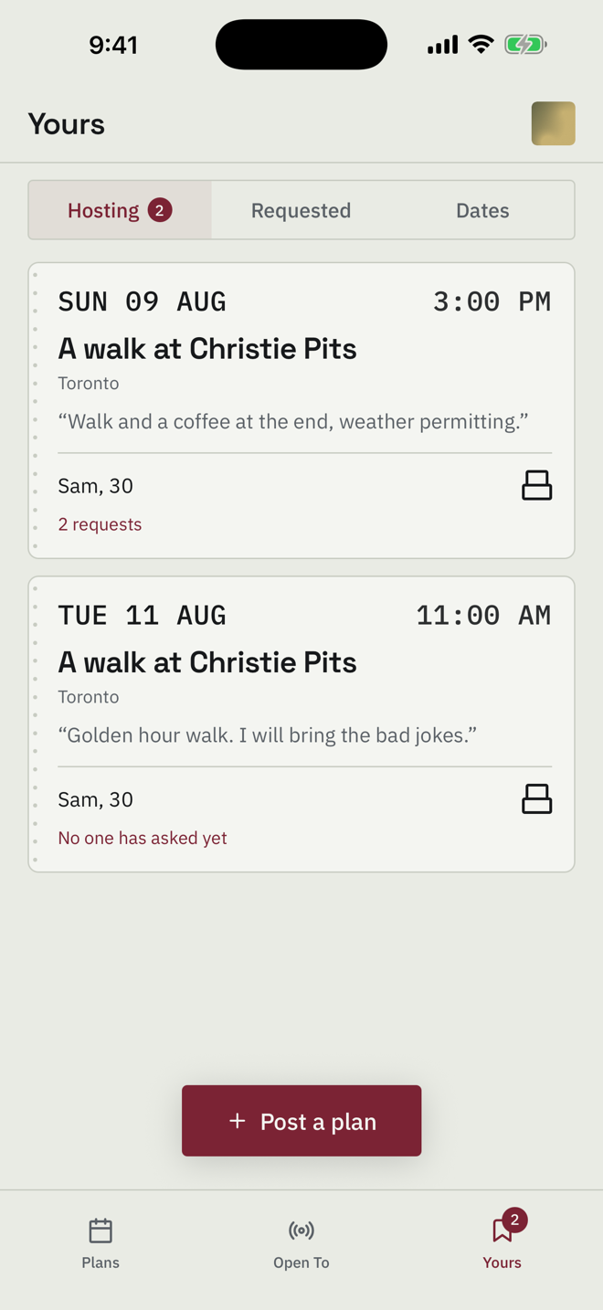 The Yours tab, showing two walks at Christie Pits that Sam is hosting, one with two requests.